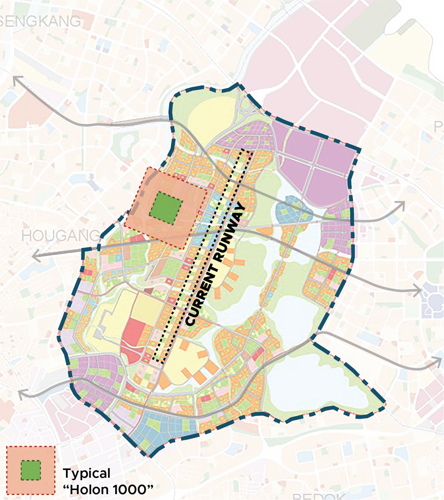 Map of urban area, showing a current runway, Holon 1000, and nearby towns such as Sengkang and Hougang.